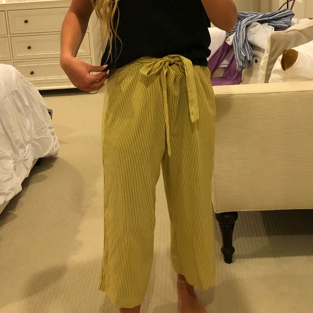 yellow & white striped paper bag pants